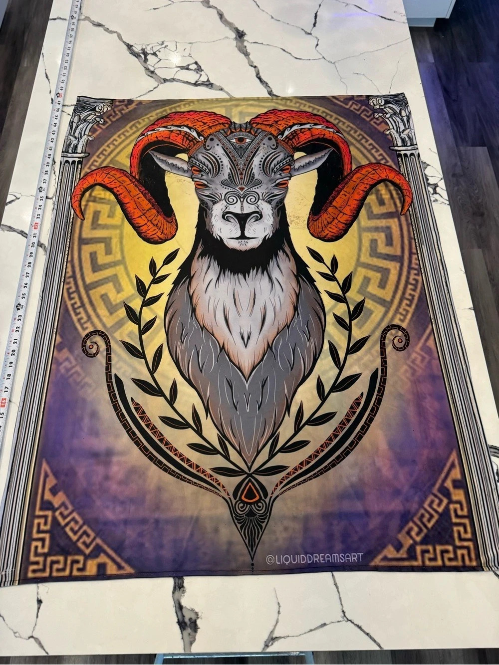 Liquid Dreams Ram Skull Geometric Tapestry Purple & Orange